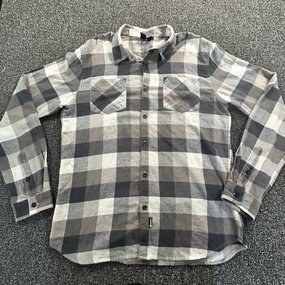 Rusty Mens Grey Black Buffalo Plaid Flannel Button Down Shirt Size L Cotton